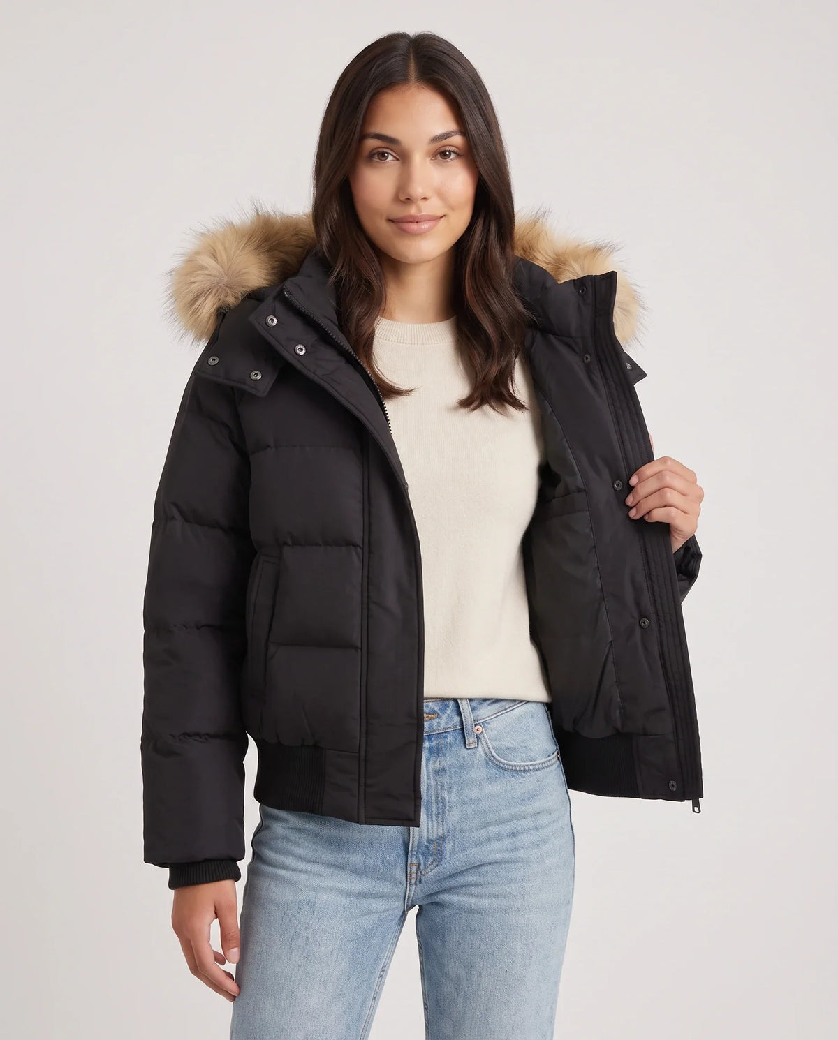 Short Puffer Jacket with Faux Fur Hood and Poppers