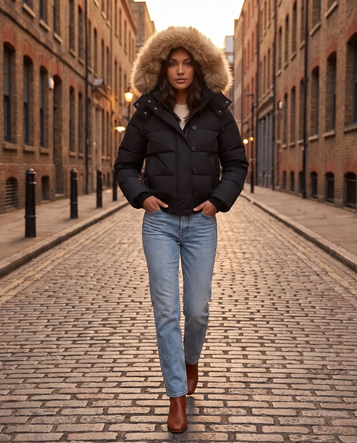 Short Puffer Jacket with Faux Fur Hood and Poppers