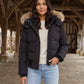 Short Puffer Jacket with Faux Fur Hood and Poppers