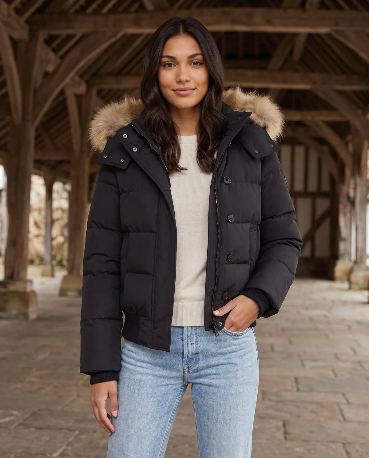 Short Puffer Jacket with Faux Fur Hood and Poppers