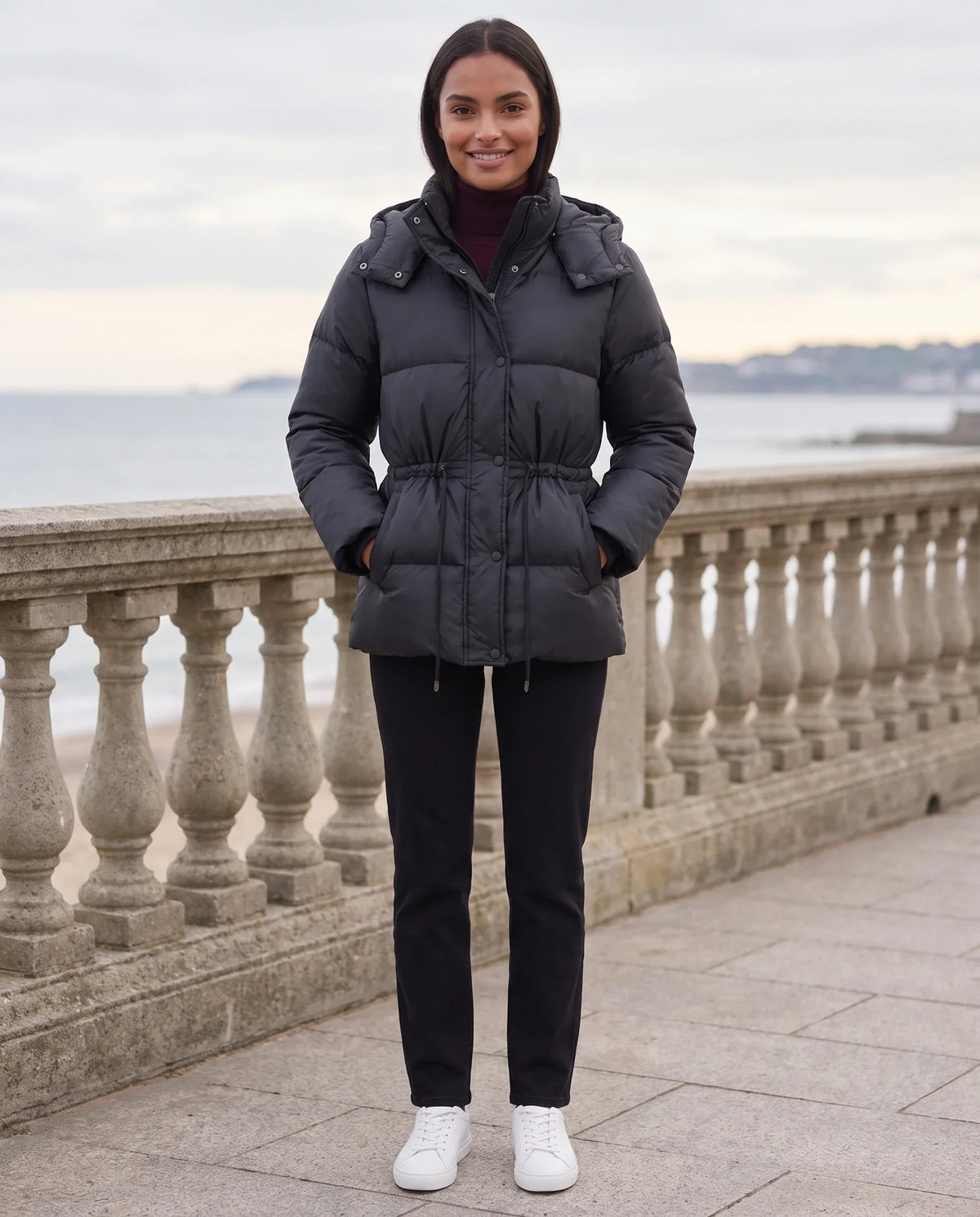 Short Puffer Jacket with Hood and Elasticated Waist