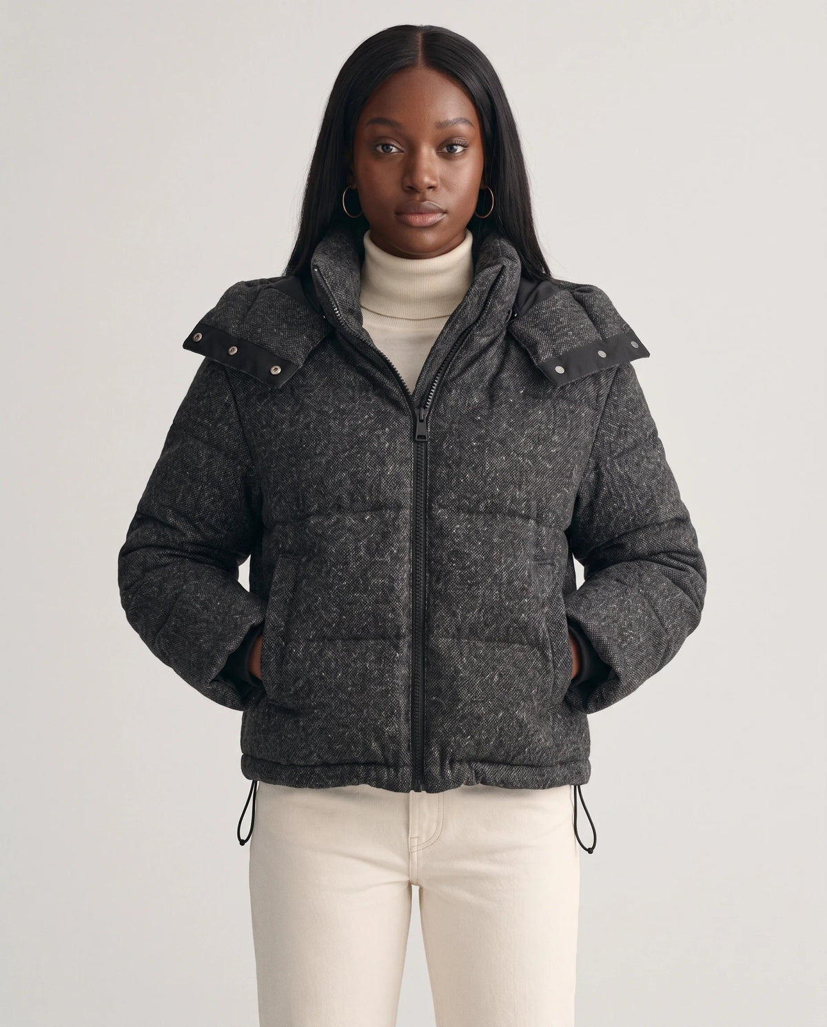 Short Oversized Marl Puffer Jacket with Detachable Hood