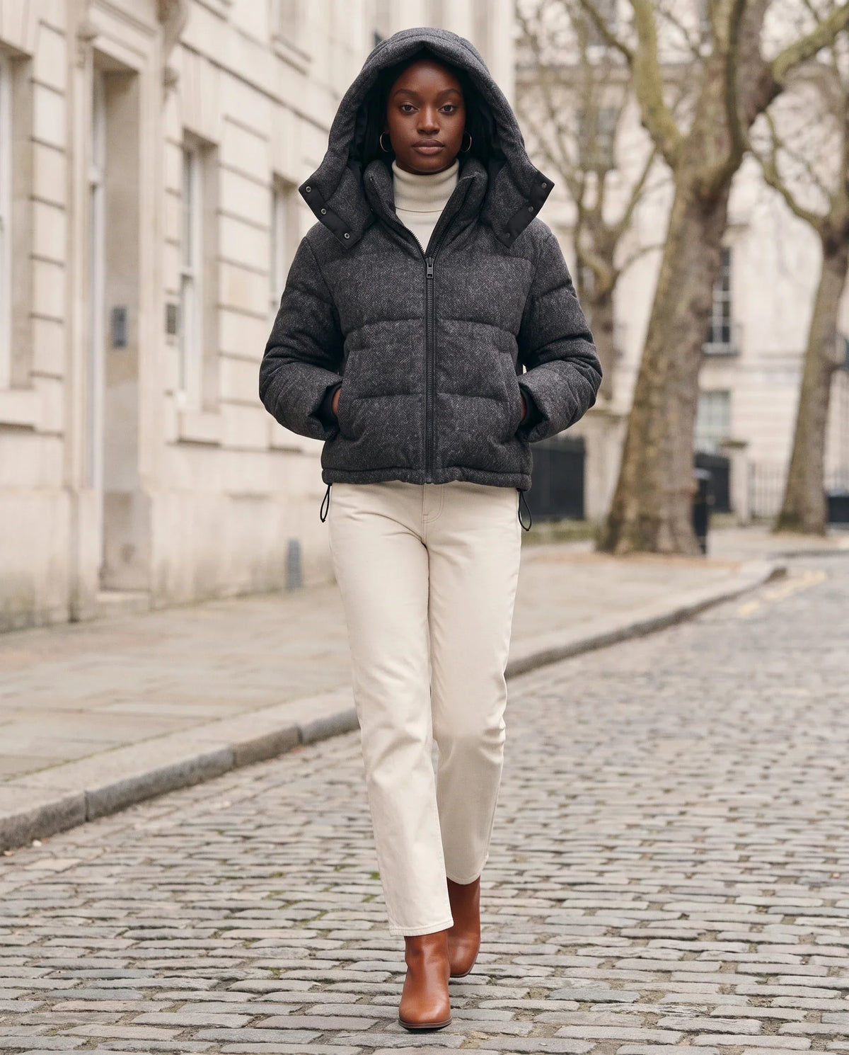 Short Oversized Marl Puffer Jacket with Detachable Hood