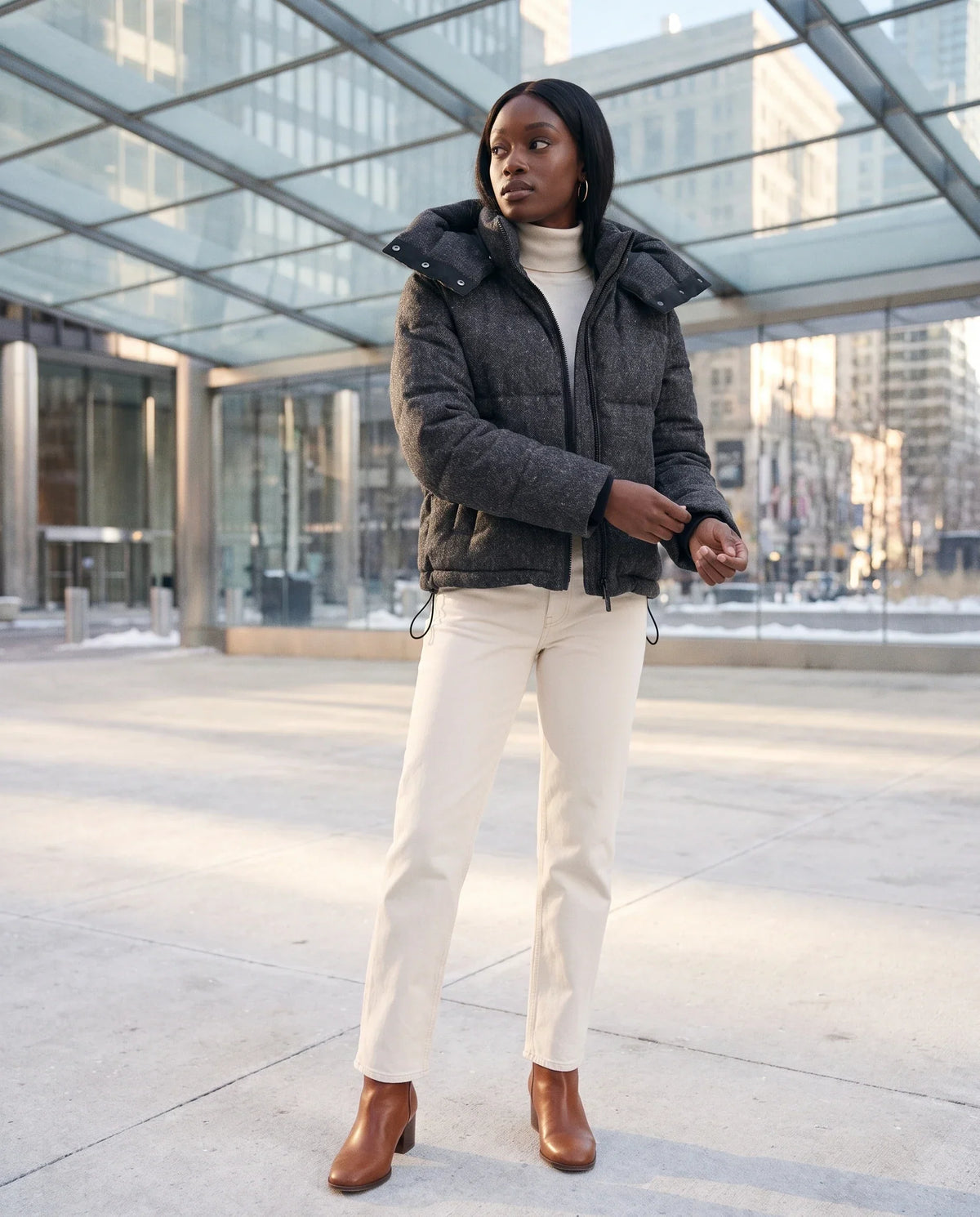 Short Oversized Marl Puffer Jacket with Detachable Hood