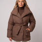 Oversized Mid-Thigh Puffer Jacket with Shawl Collar and Belt