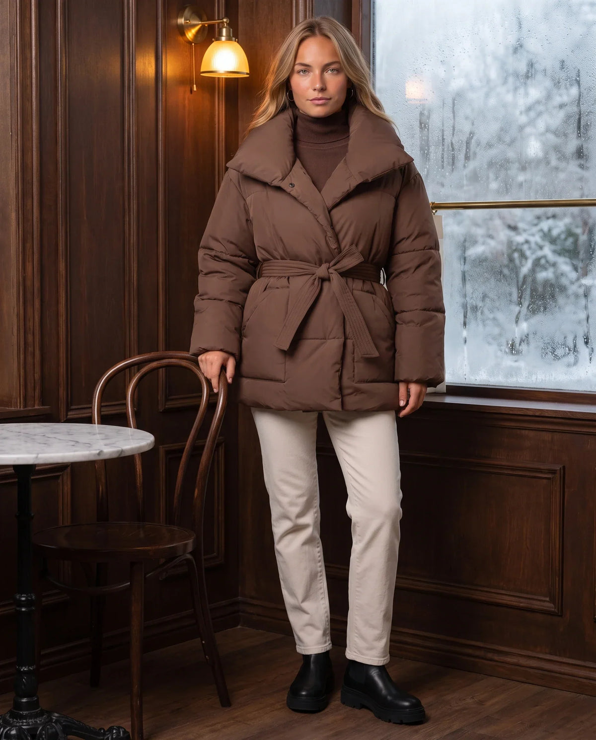 Oversized Mid-Thigh Puffer Jacket with Shawl Collar and Belt
