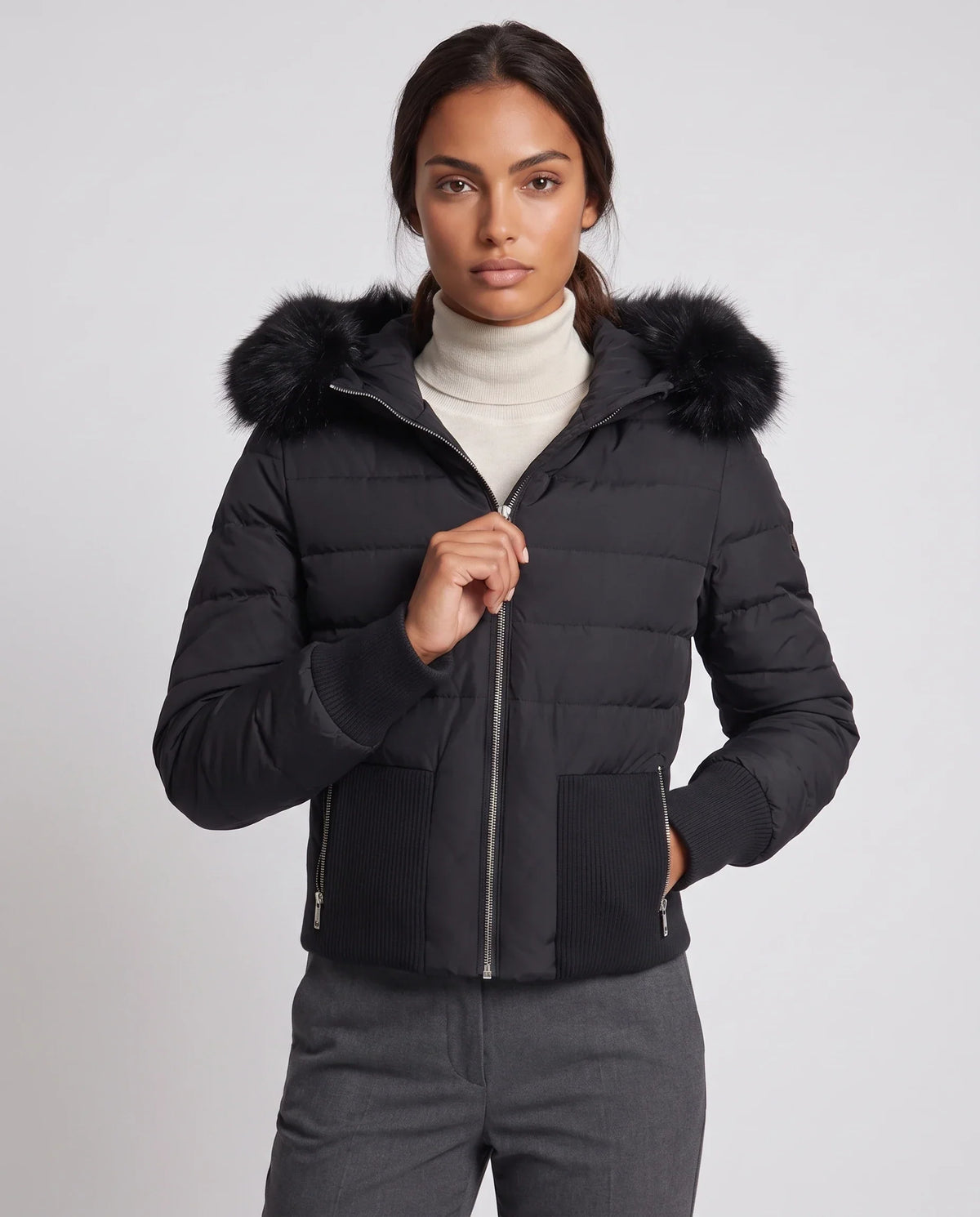 Short Fitted Puffer Jacket with Ribbed Panels