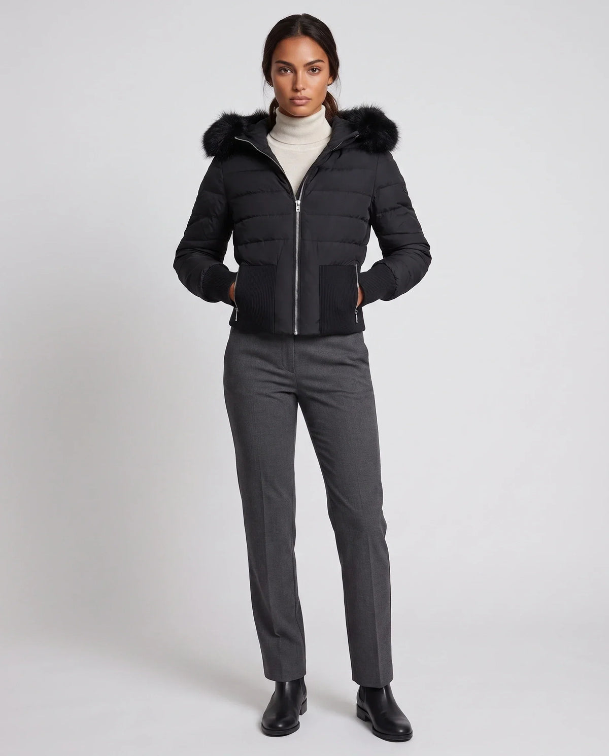 Short Fitted Puffer Jacket with Ribbed Panels
