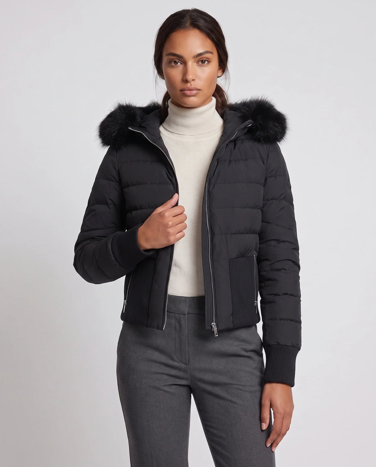 Short Fitted Puffer Jacket with Ribbed Panels