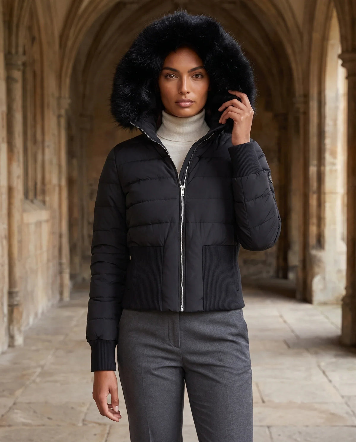 Short Fitted Puffer Jacket with Ribbed Panels