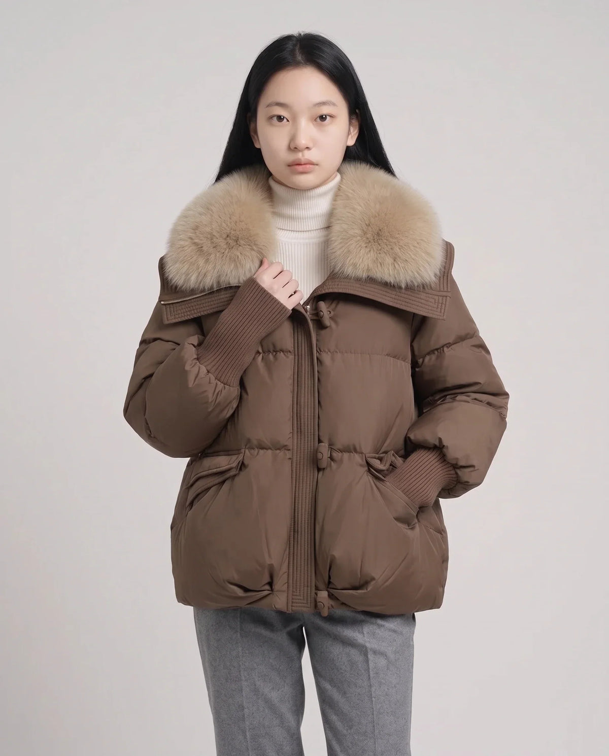 Short Puffer Jacket with Faux Fur Collar