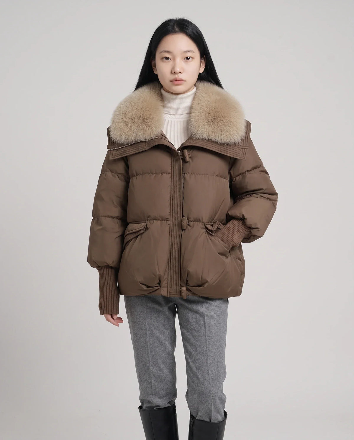 Short Puffer Jacket with Faux Fur Collar