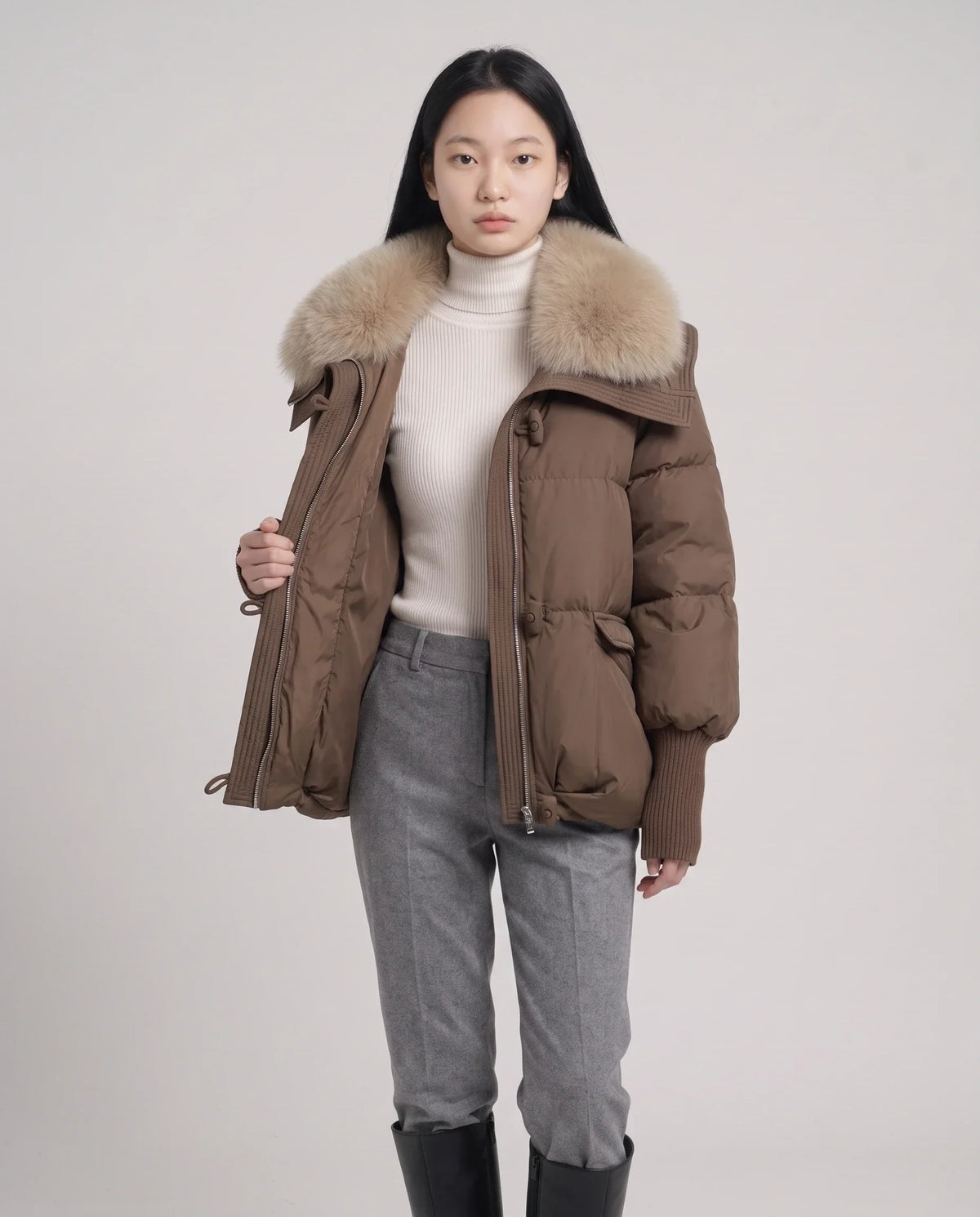 Short Puffer Jacket with Faux Fur Collar