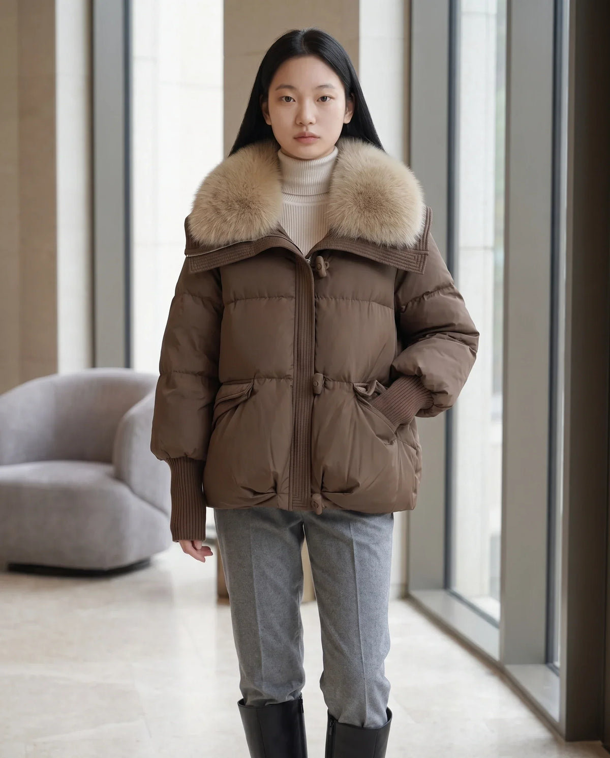 Short Puffer Jacket with Faux Fur Collar