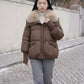 Short Puffer Jacket with Faux Fur Collar
