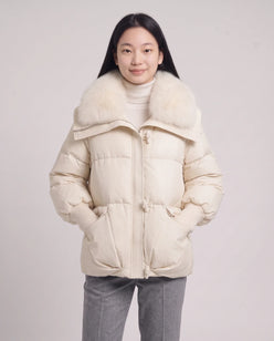 Short Puffer Jacket with Faux Fur Collar