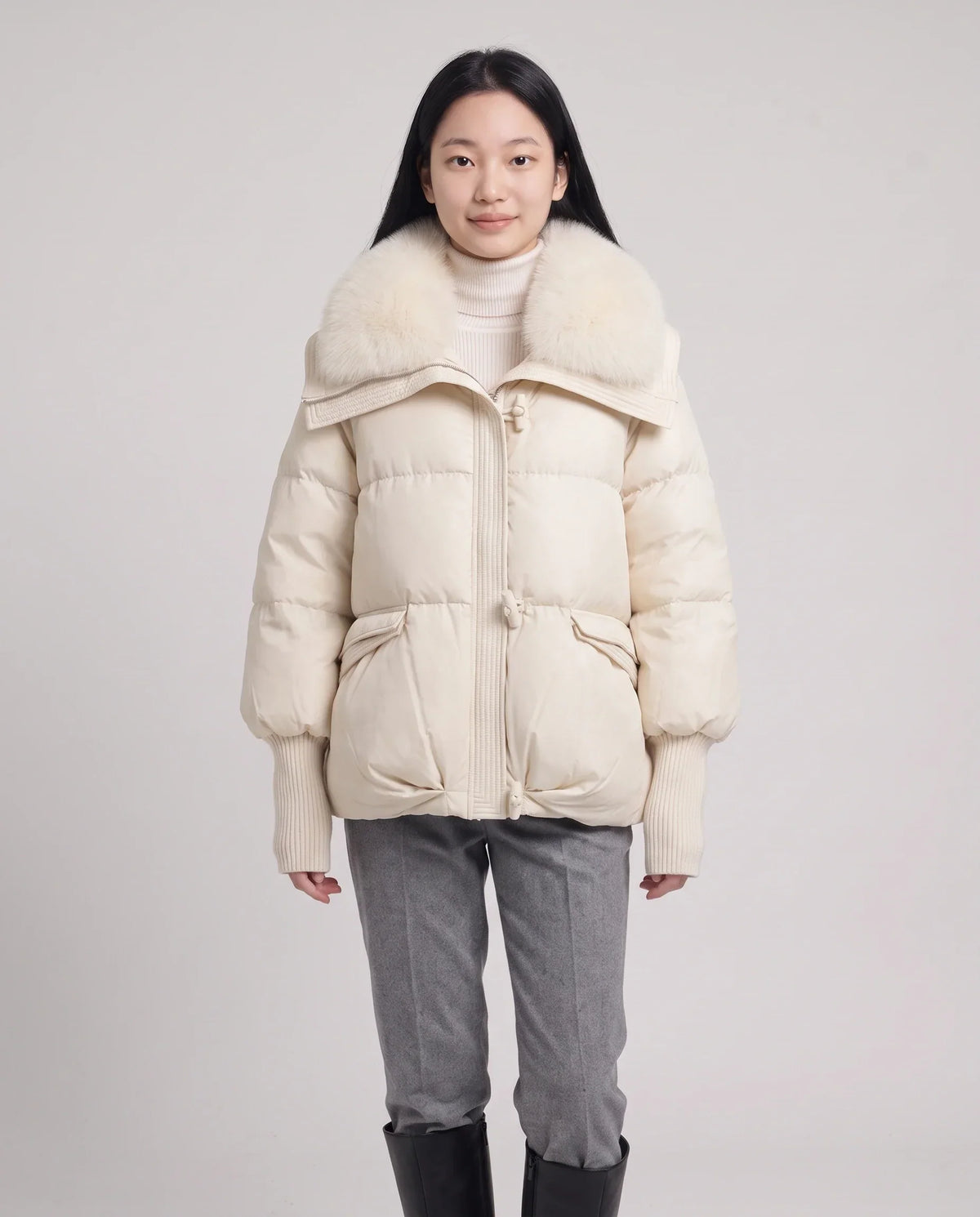 Short Puffer Jacket with Faux Fur Collar