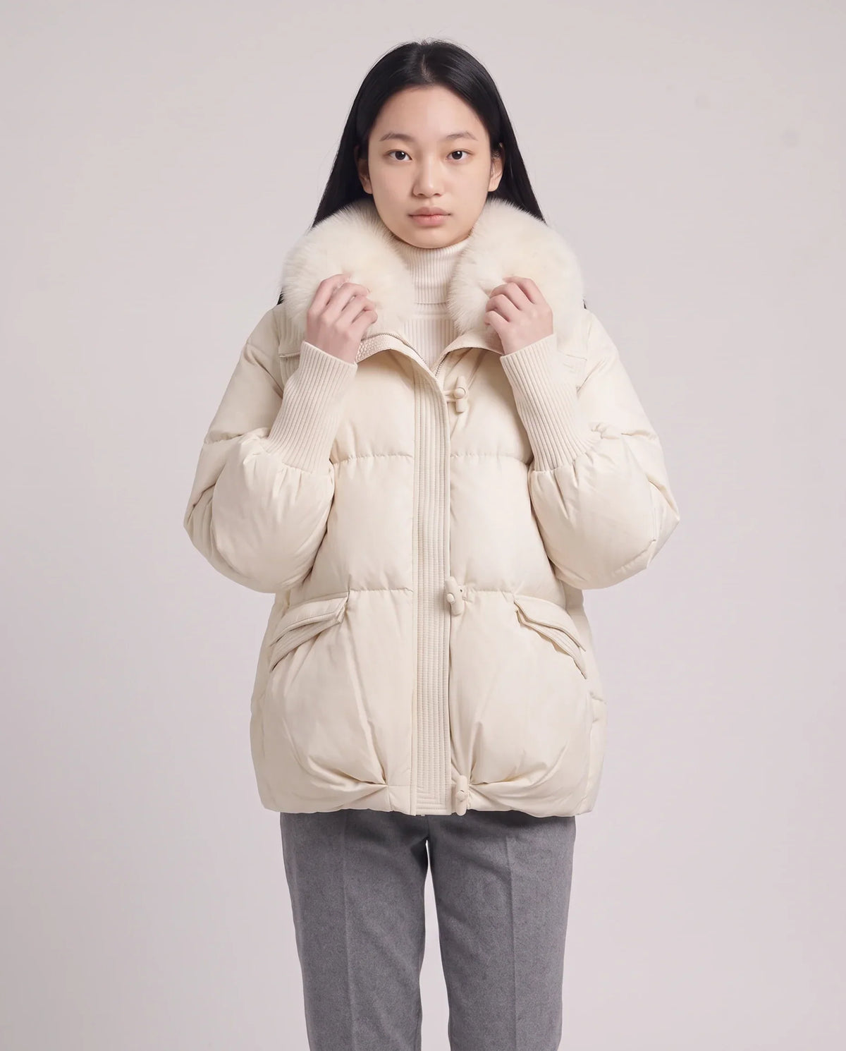 Short Puffer Jacket with Faux Fur Collar