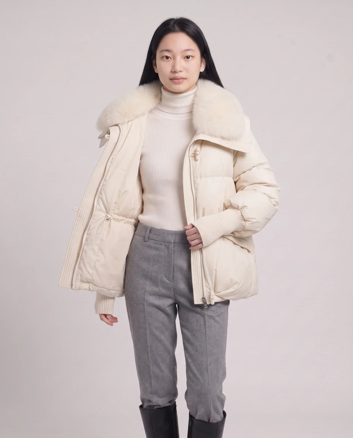 Short Puffer Jacket with Faux Fur Collar