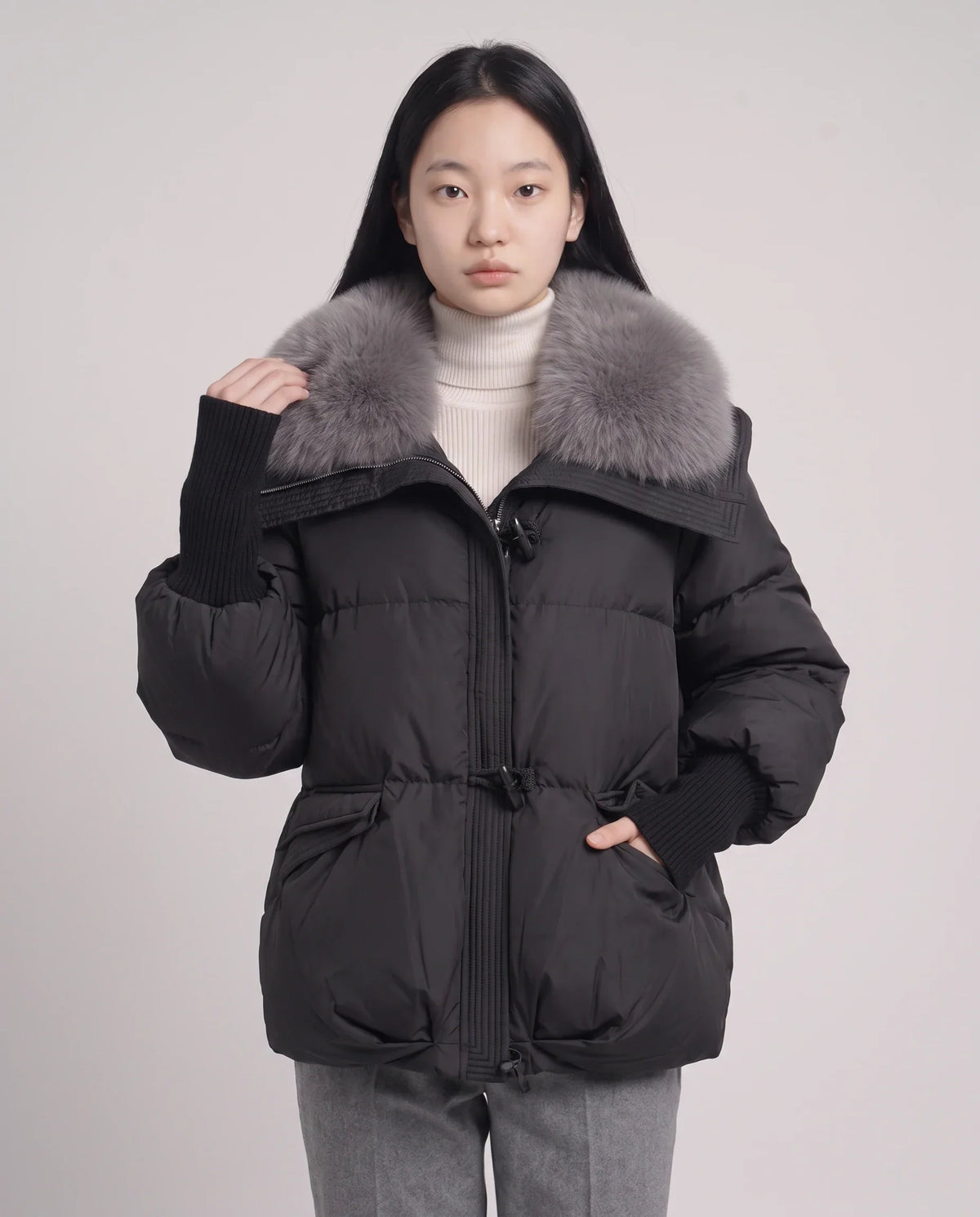 Short Puffer Jacket with Faux Fur Collar