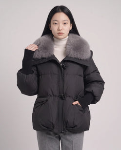 Short Puffer Jacket with Faux Fur Collar