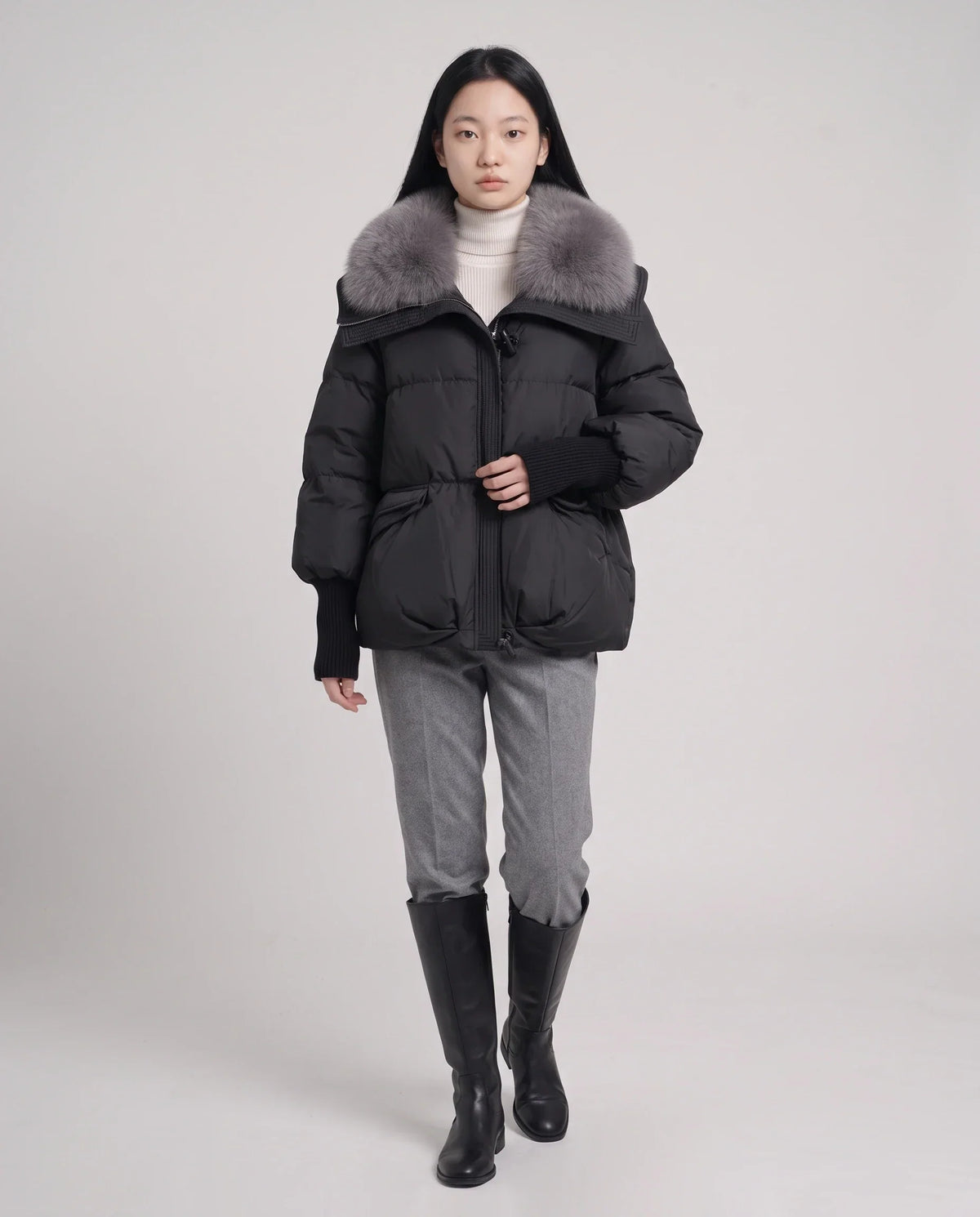 Short Puffer Jacket with Faux Fur Collar
