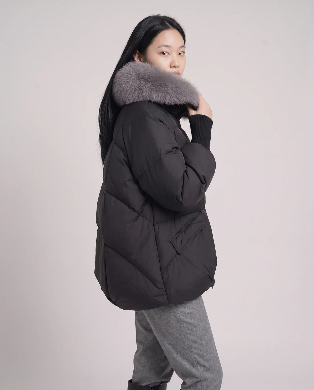 Short Puffer Jacket with Faux Fur Collar