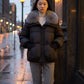 Short Puffer Jacket with Faux Fur Collar