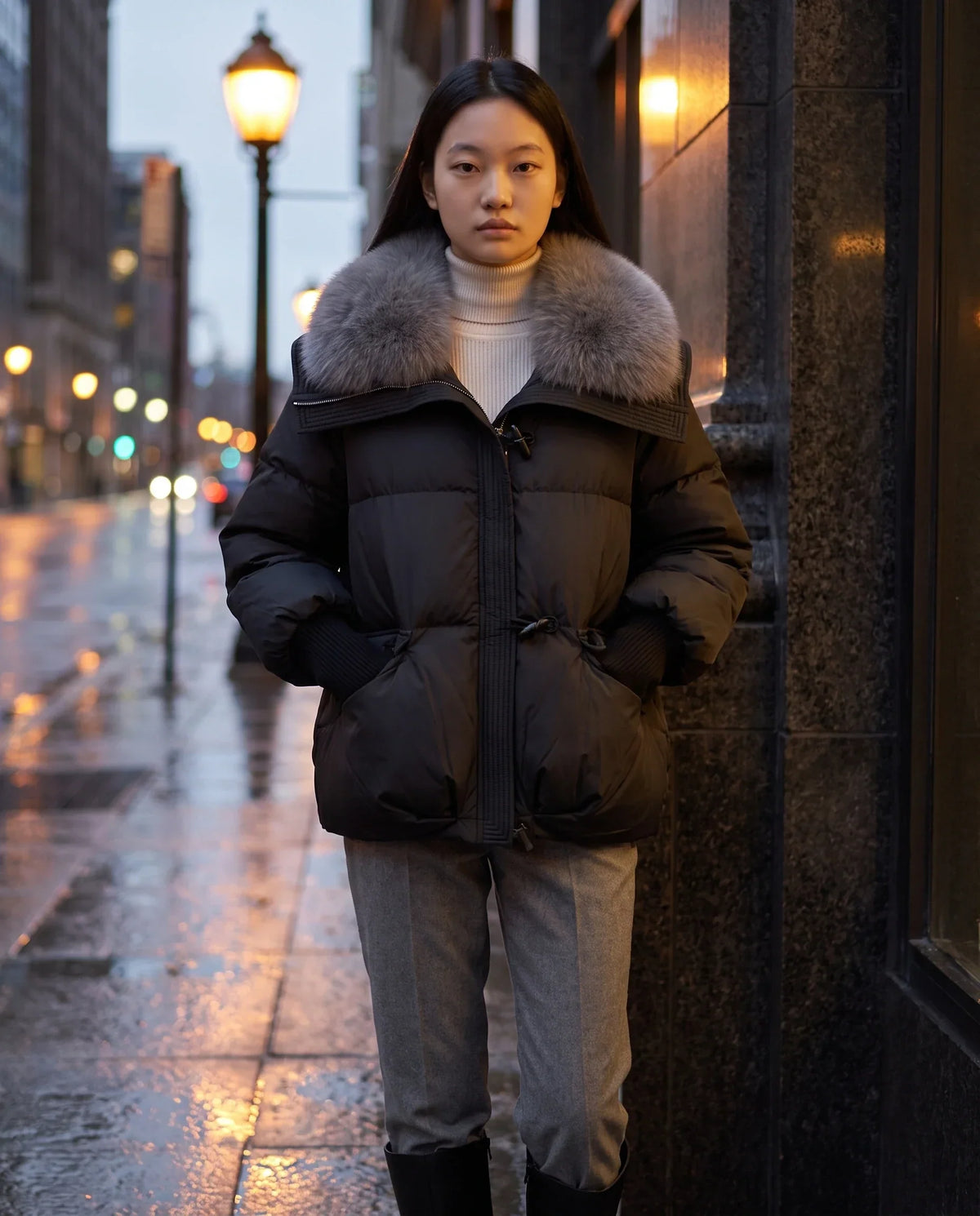 Short Puffer Jacket with Faux Fur Collar