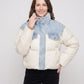 Short Oversized Puffer Jacket with Denim Panels