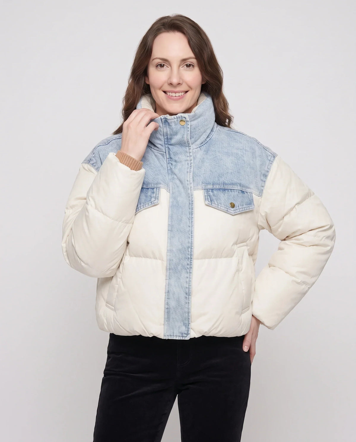 Short Oversized Puffer Jacket with Denim Panels