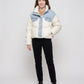 Short Oversized Puffer Jacket with Denim Panels
