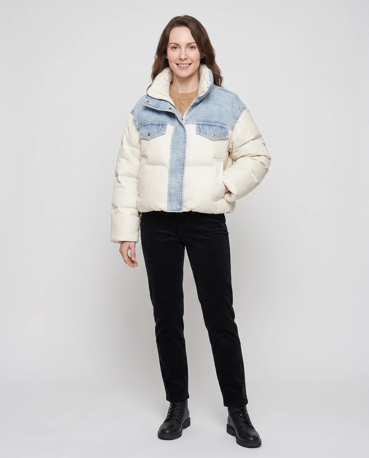 Short Oversized Puffer Jacket with Denim Panels