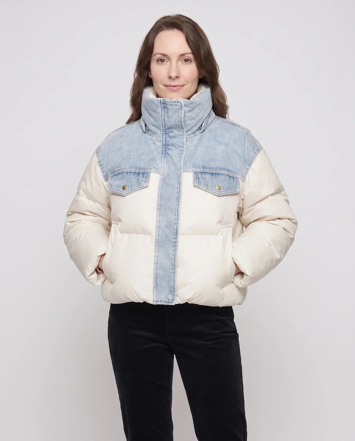 Short Oversized Puffer Jacket with Denim Panels