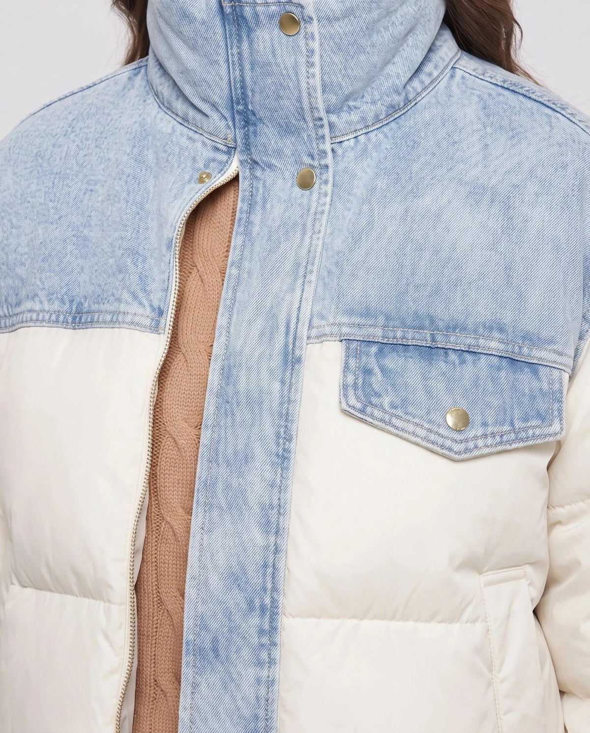 Short Oversized Puffer Jacket with Denim Panels