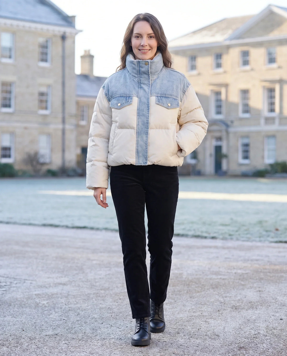 Short Oversized Puffer Jacket with Denim Panels