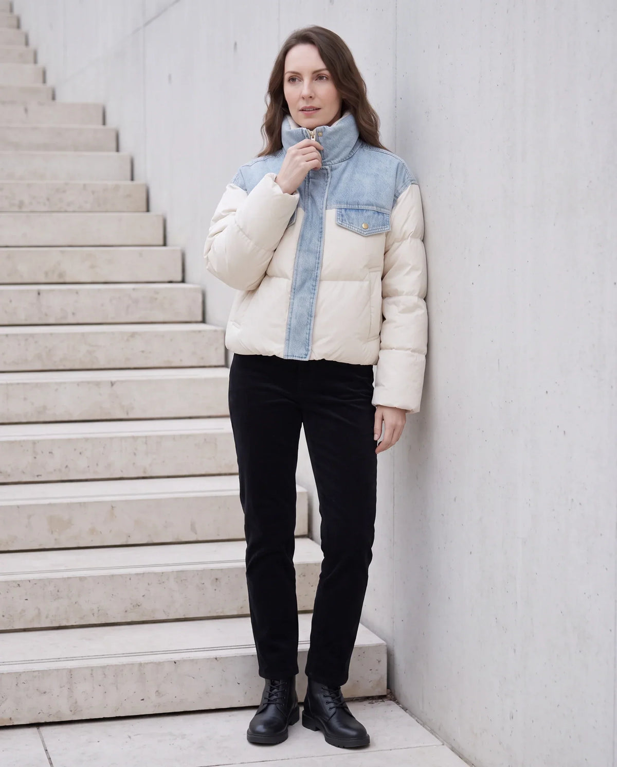 Short Oversized Puffer Jacket with Denim Panels