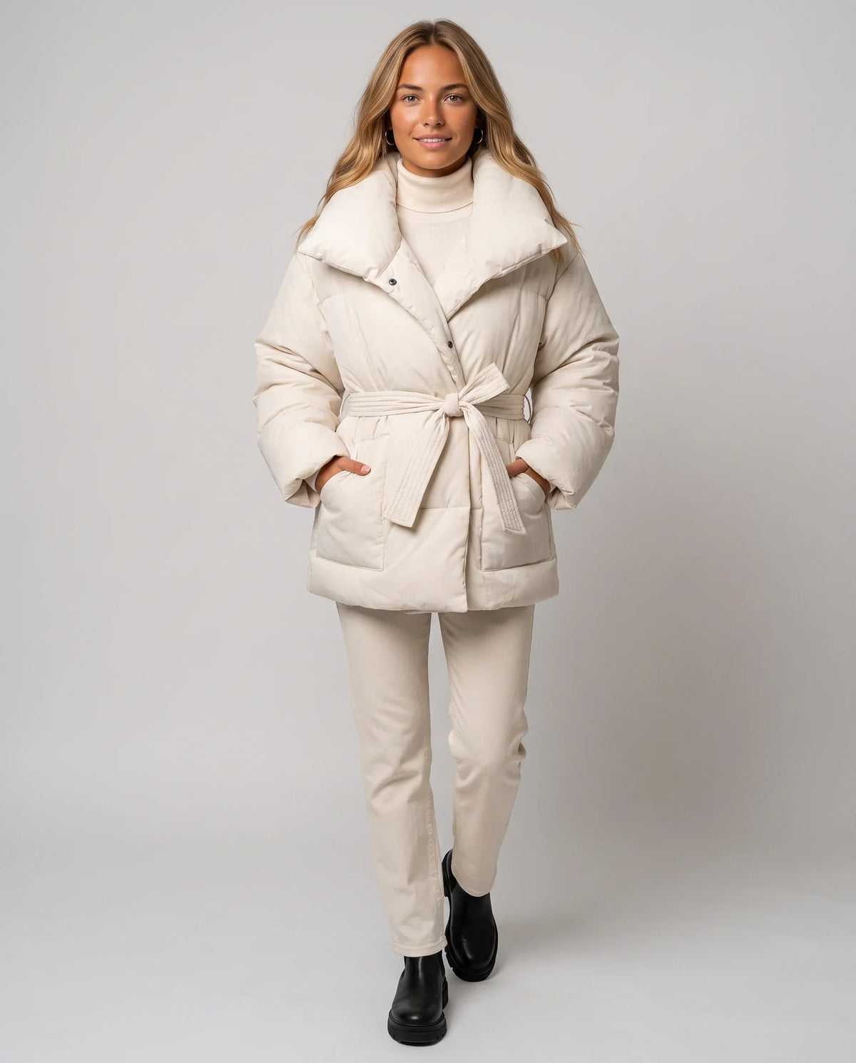 Oversized Mid-Thigh Puffer Jacket with Shawl Collar and Belt