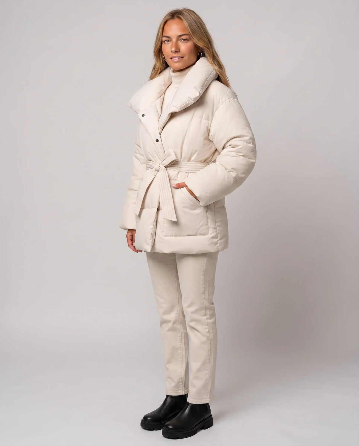Oversized Mid-Thigh Puffer Jacket with Shawl Collar and Belt