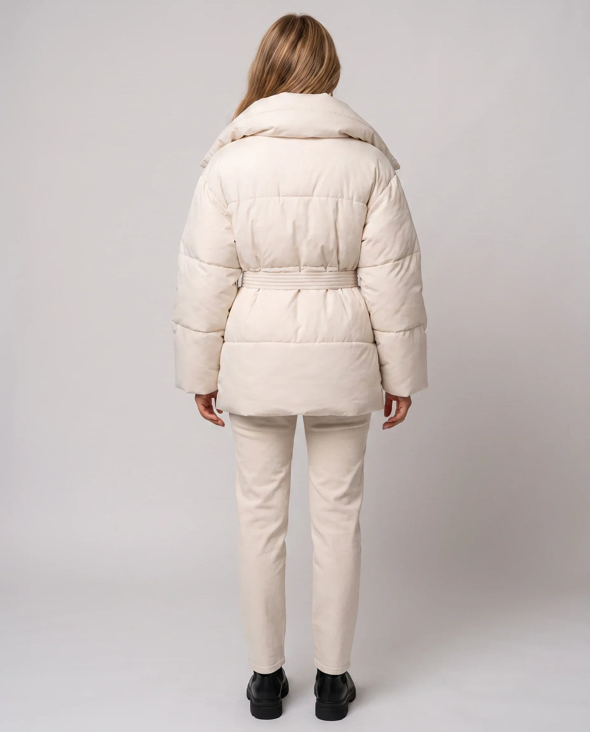 Oversized Mid-Thigh Puffer Jacket with Shawl Collar and Belt