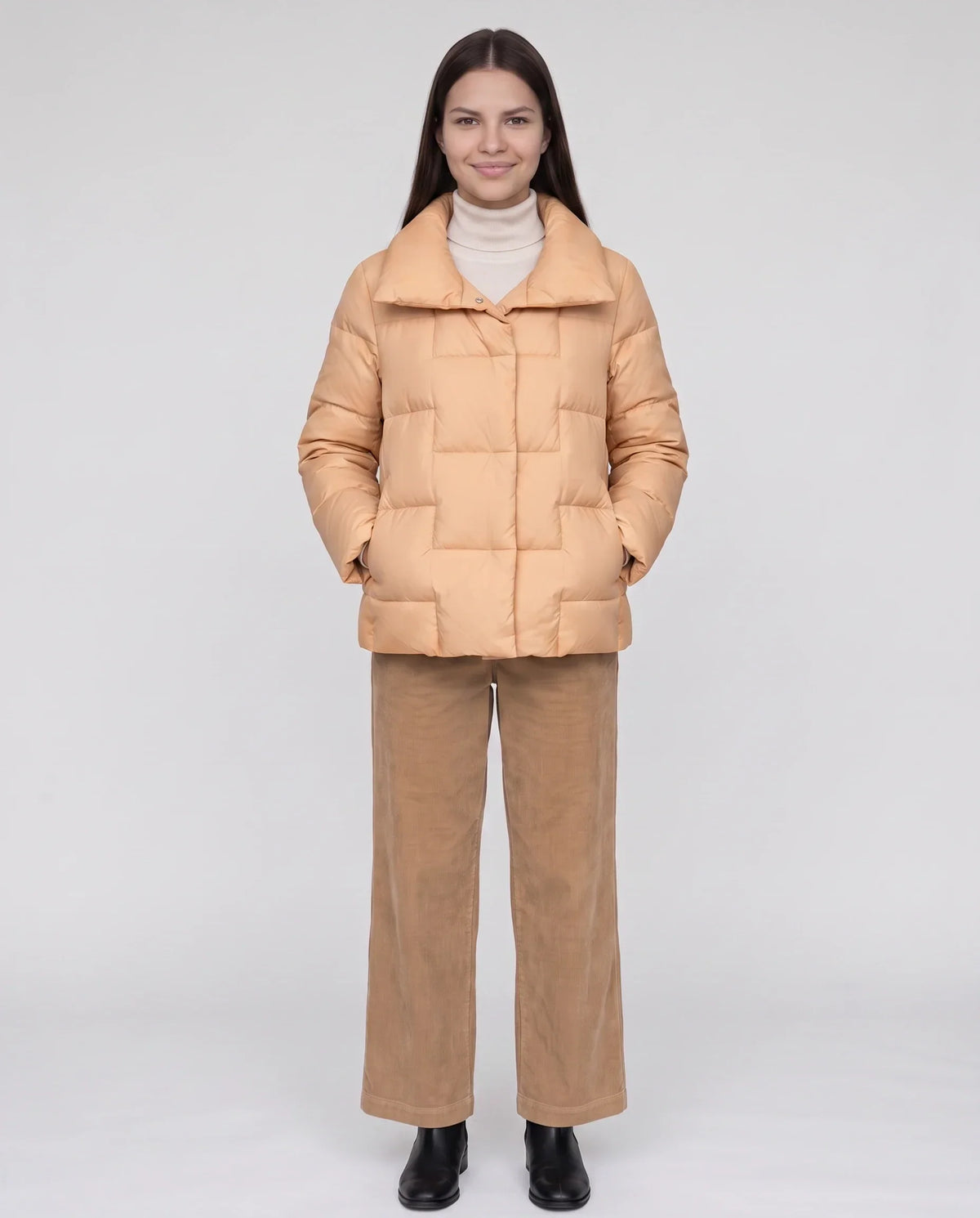 Short Puffer Jacket with Large Collar and Box Quilting