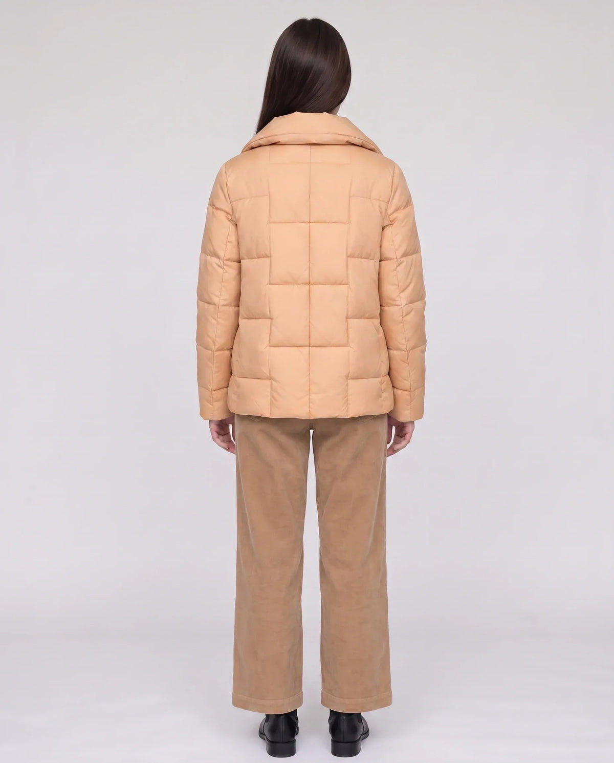 Short Puffer Jacket with Large Collar and Box Quilting