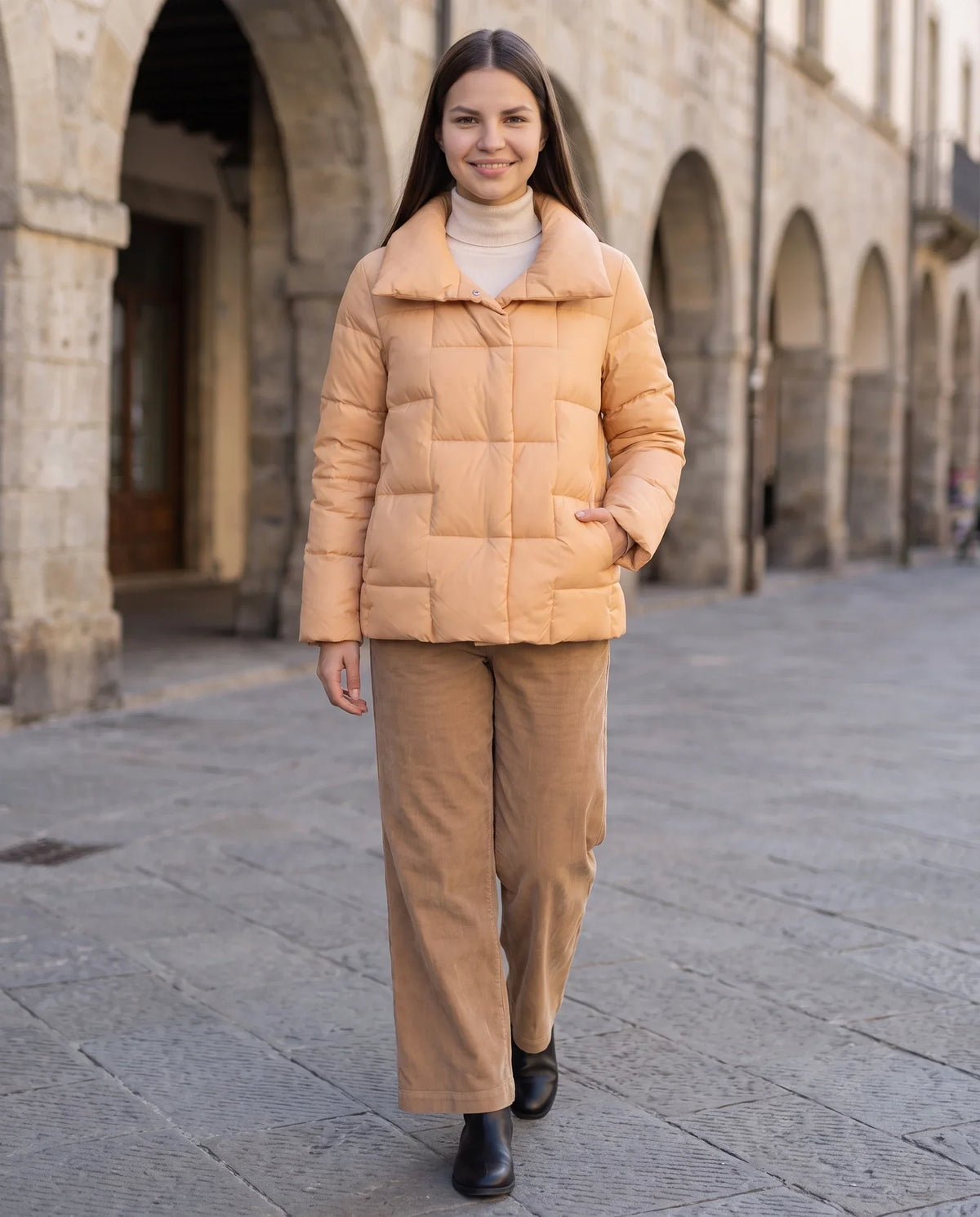 Short Puffer Jacket with Large Collar and Box Quilting