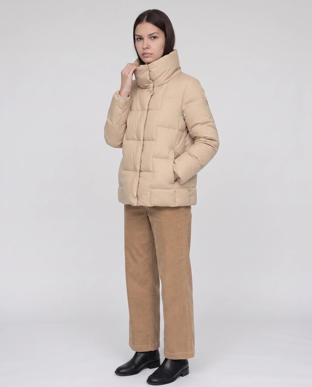 Short Puffer Jacket with Large Collar and Box Quilting
