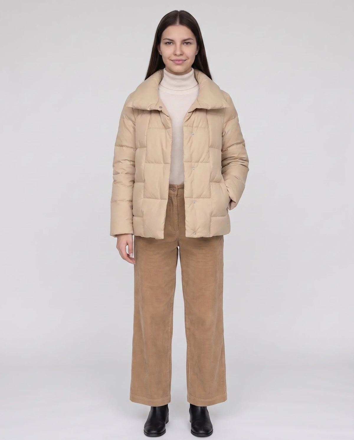 Short Puffer Jacket with Large Collar and Box Quilting