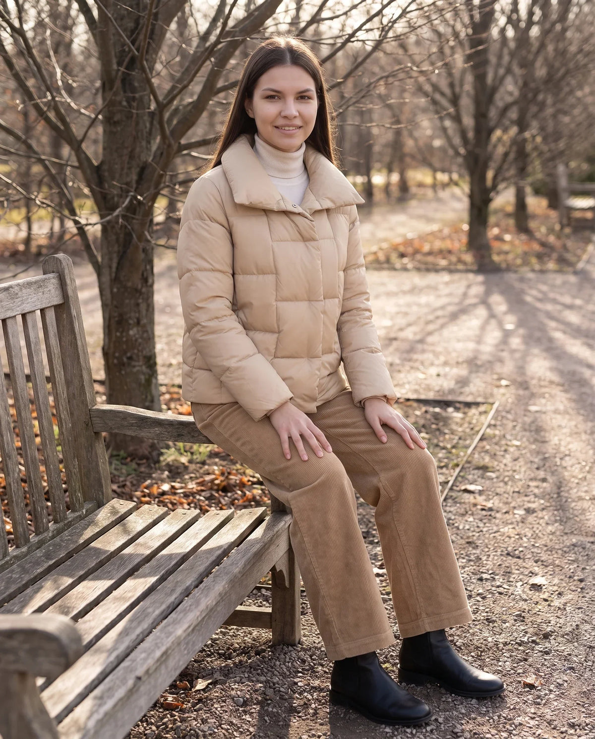Short Puffer Jacket with Large Collar and Box Quilting