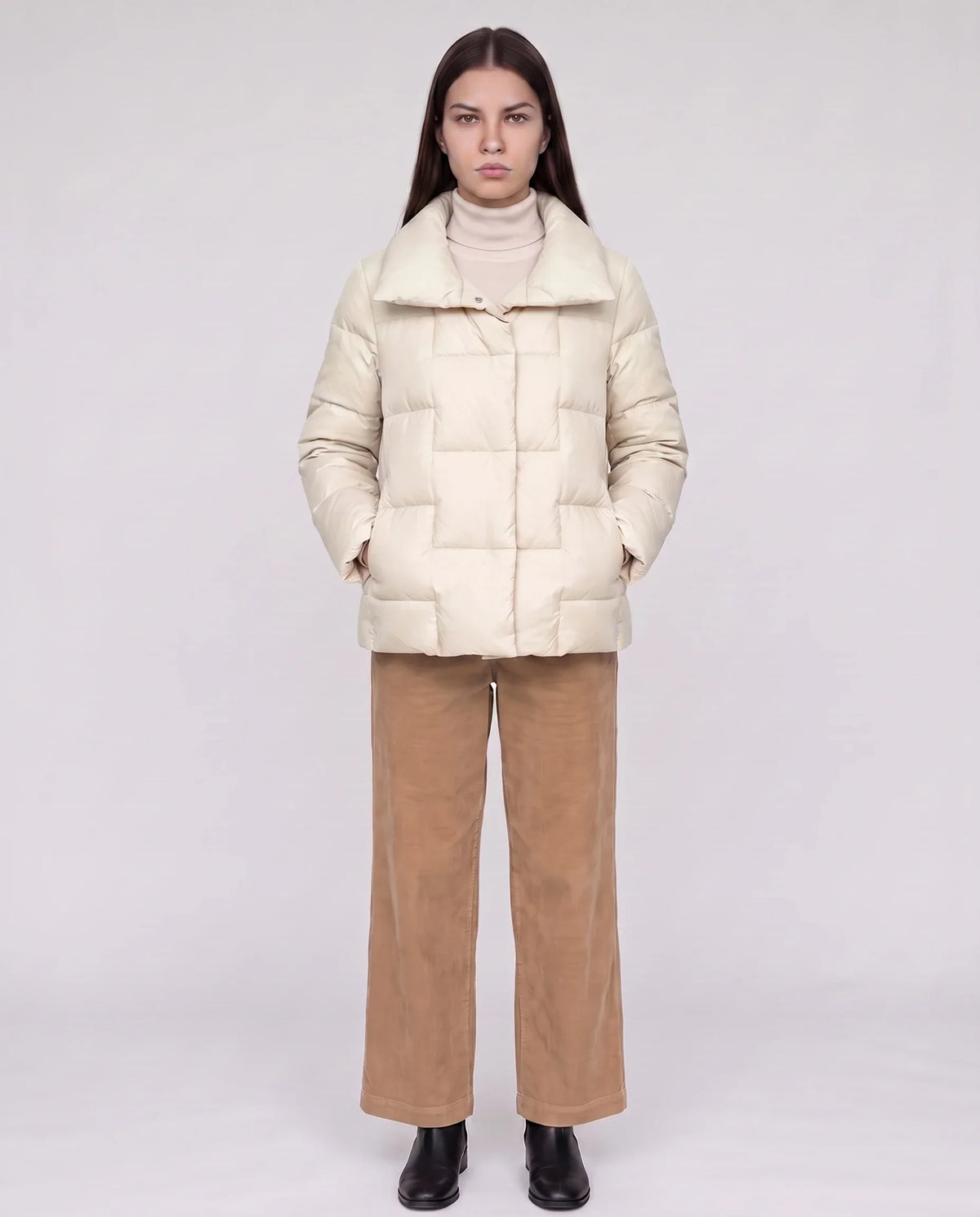 Short Puffer Jacket with Large Collar and Box Quilting