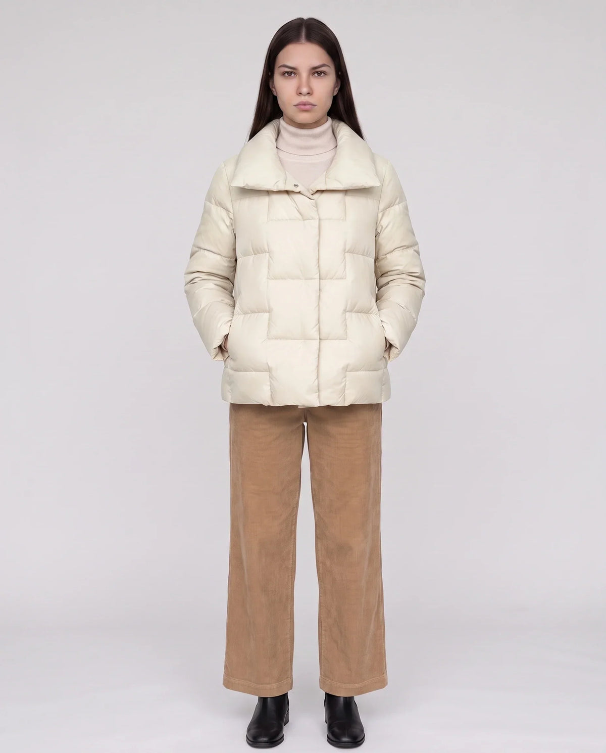 Short Puffer Jacket with Large Collar and Box Quilting