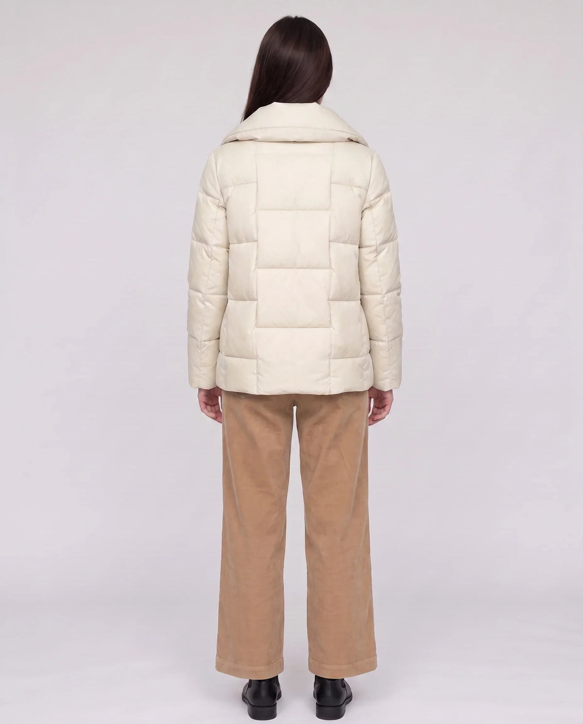 Short Puffer Jacket with Large Collar and Box Quilting