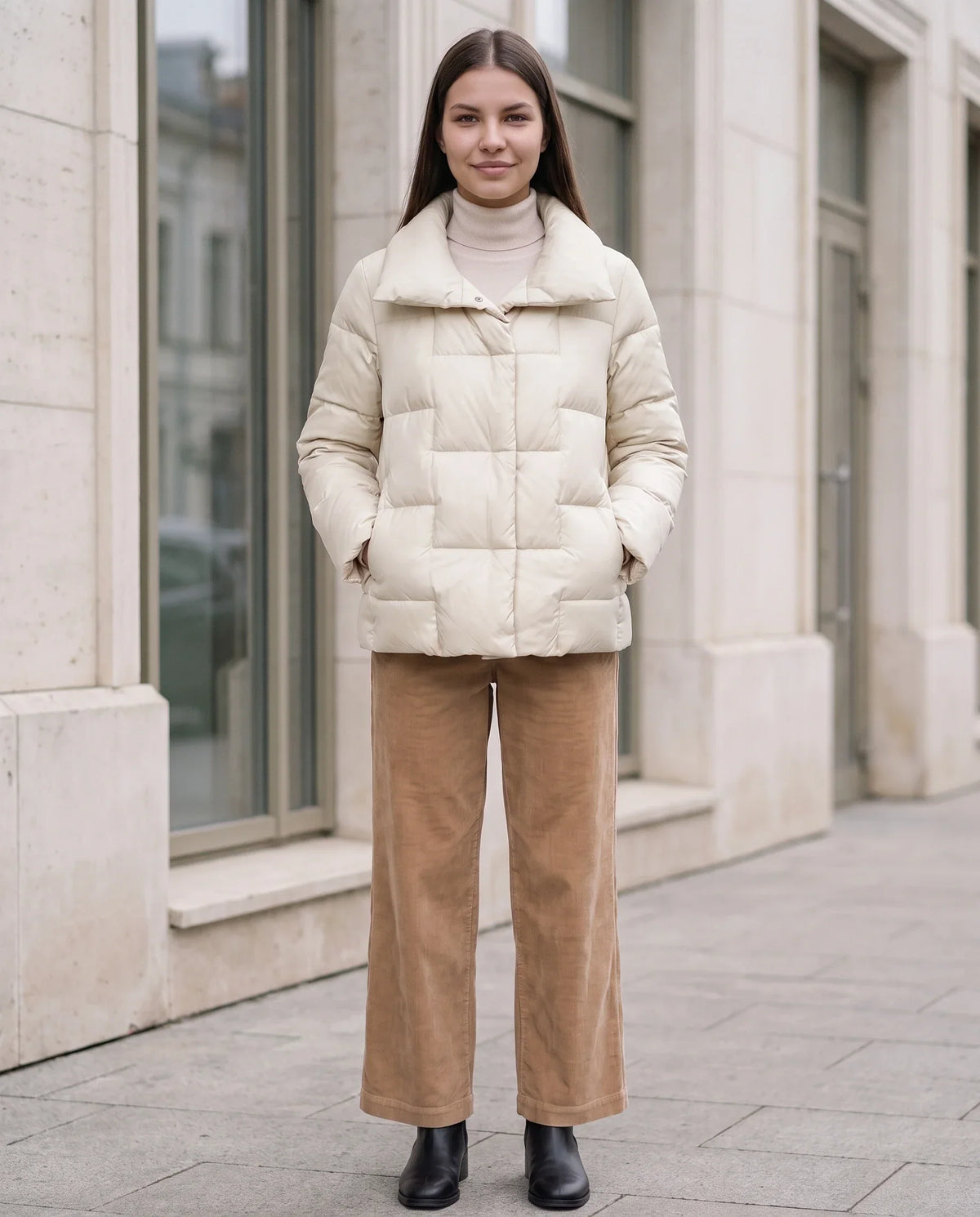 Short Puffer Jacket with Large Collar and Box Quilting